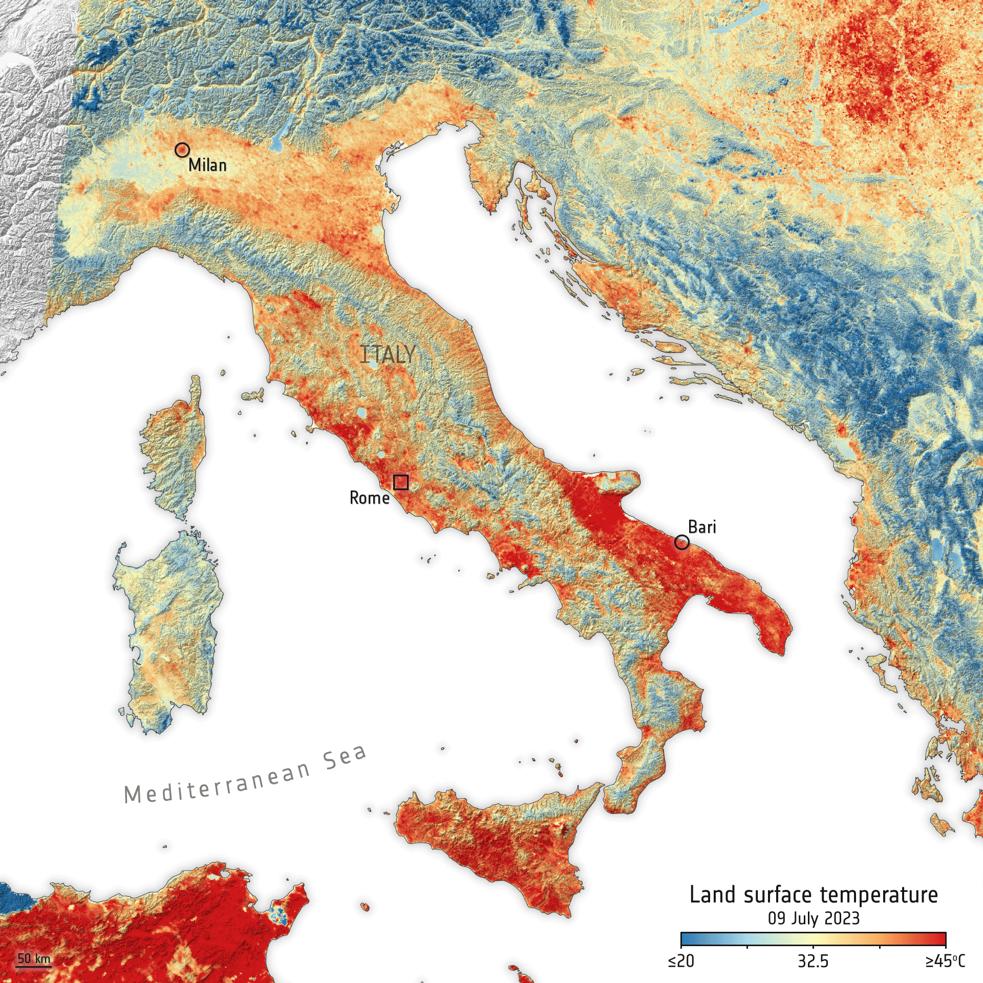 This animation was created using data from the Copernicus Sentinel-3 mission's radiometer instrument and shows the land-surface temperature across Italy on 9-10 July 2023. On the slopes of Mount Etna, in Sicily, as well as in the region of Puglia, surface temperatures surpassed 47°C.