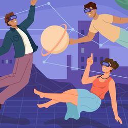 drawing of three people in a virtual space pointing at different planets 