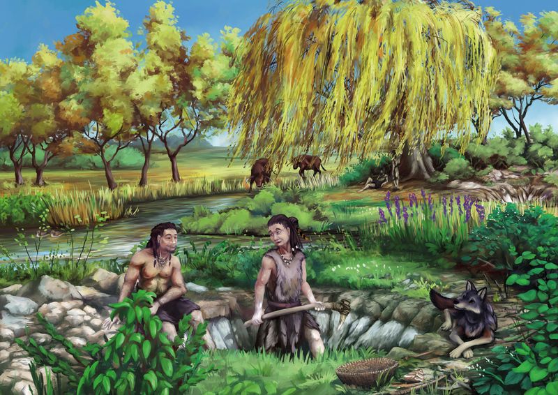 Artistic representation of two Mesolithic people digging one of the pits in a lush environment by a river. A happy looking dog sits next to them.