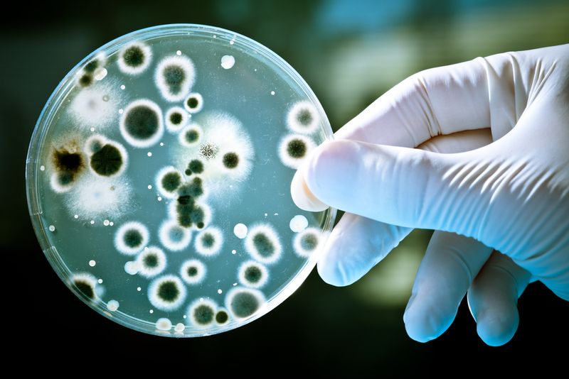 Scientist wearing gloves holds a petri dish with bacteria growing inside. 