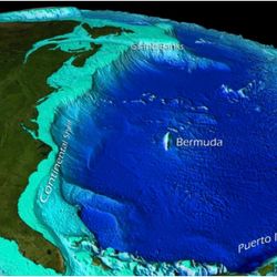 Bathymetric visualization of the western Atlantic Ocean Basin, including the continental shelf, captured by satellite