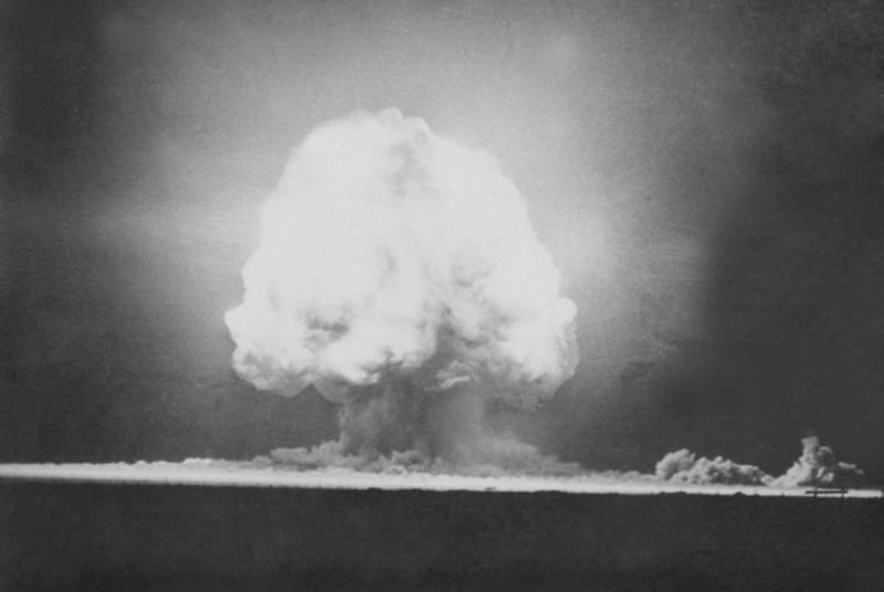 Black and white image of a nuclear explosion on July 16, 1945, at Los Alamos, New Mexico. 