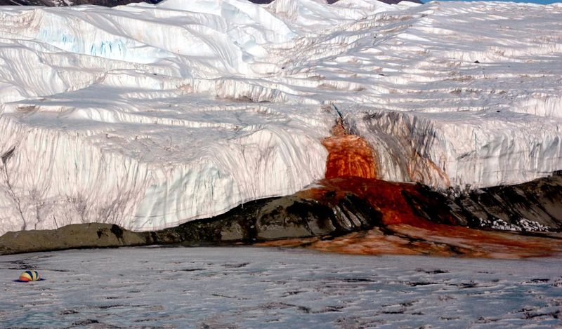 Red water oozes out of the Blood Falls glacier in East Antarctica. 