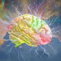 brain emitting electricity shown on multicolored pastel background