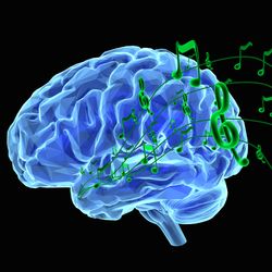 3D rendering of human brain with musical notation coming out