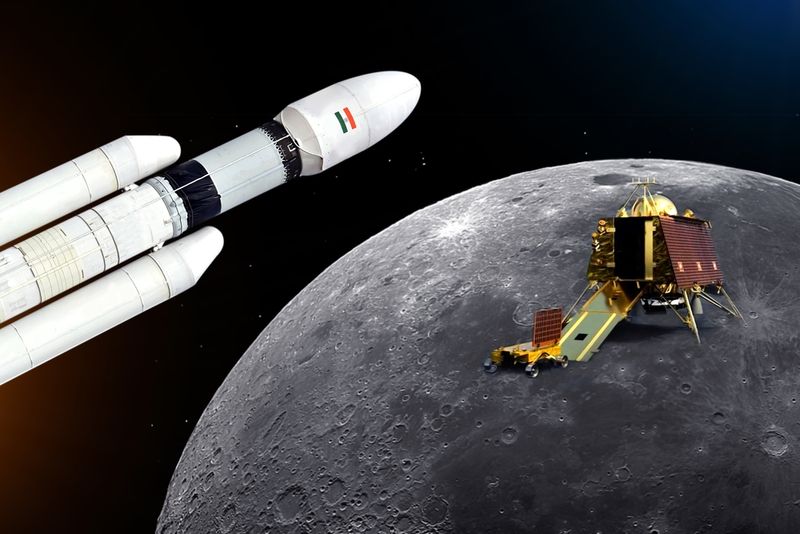 Chandrayaan 3 with lander and Rover on moon background.