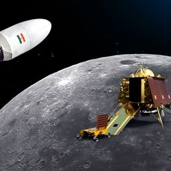 Chandrayaan 3 with lander and Rover on moon background.