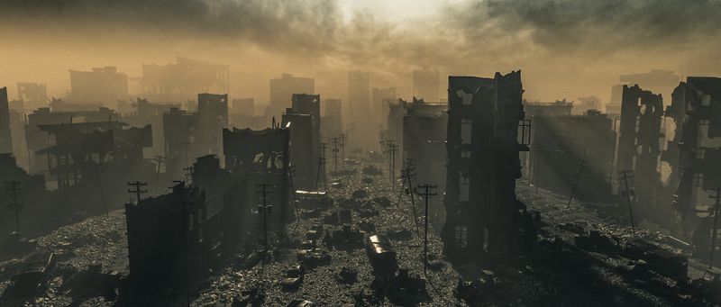 Apocalyptic landscape of a destroyed city skyline with dusty clouds overhead.