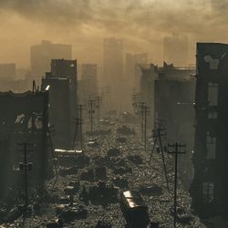 Apocalyptic landscape of a destroyed city skyline with dusty clouds overhead.
