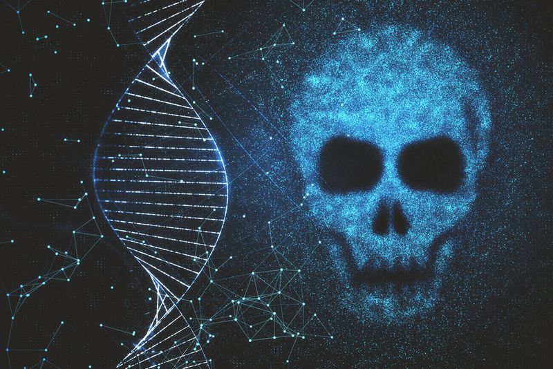 Computer generated blue skull and DNA double helix on black background