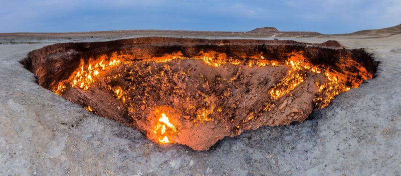 The Darvaza gas crater, also known as the Door to Hell or the Gates to Hell. 