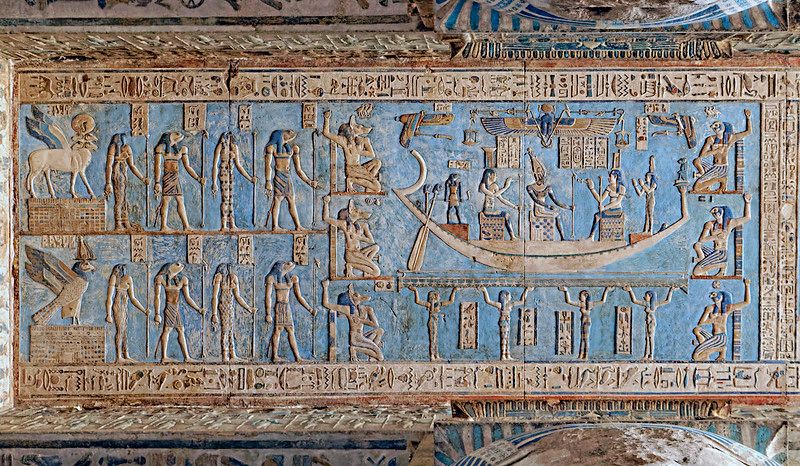 Dendera Temple, astronomical ceiling at the Pronaos, depicting Gods and Goddesses and a moon boat