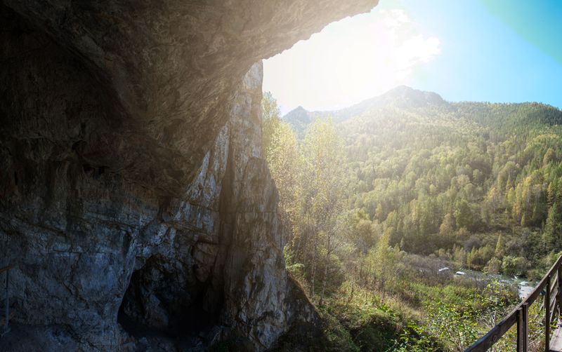 The Denisova Cave in the Altai Mountains of Siberia, Russia.