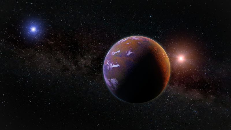 A 3D rendeing of a beautiful exoplanet, part of an alien binary star system with a red and blue star at either side of the planet.