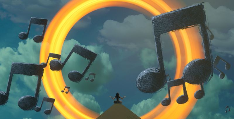 concept art of figure meditating surrounded by large music notes and glowing yellow ring