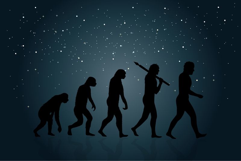 Evolution of Man into a modern (digital) world. Space in the background.