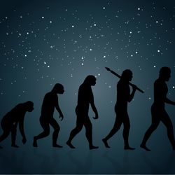 Evolution of Man into a modern (digital) world. Space in the background.