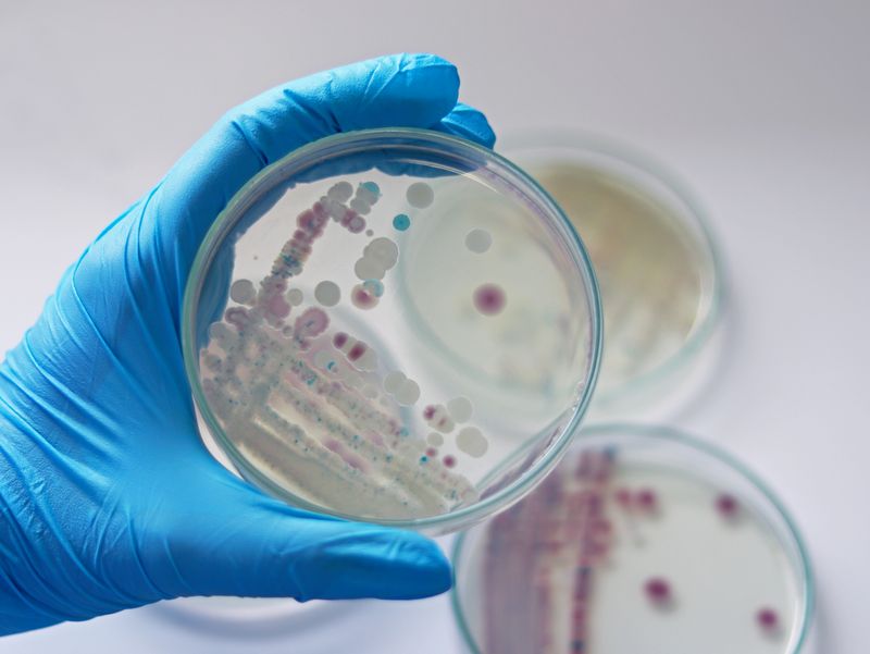 A blue gloved hand holding a petri dish containing the V. vulnificus bacterium.