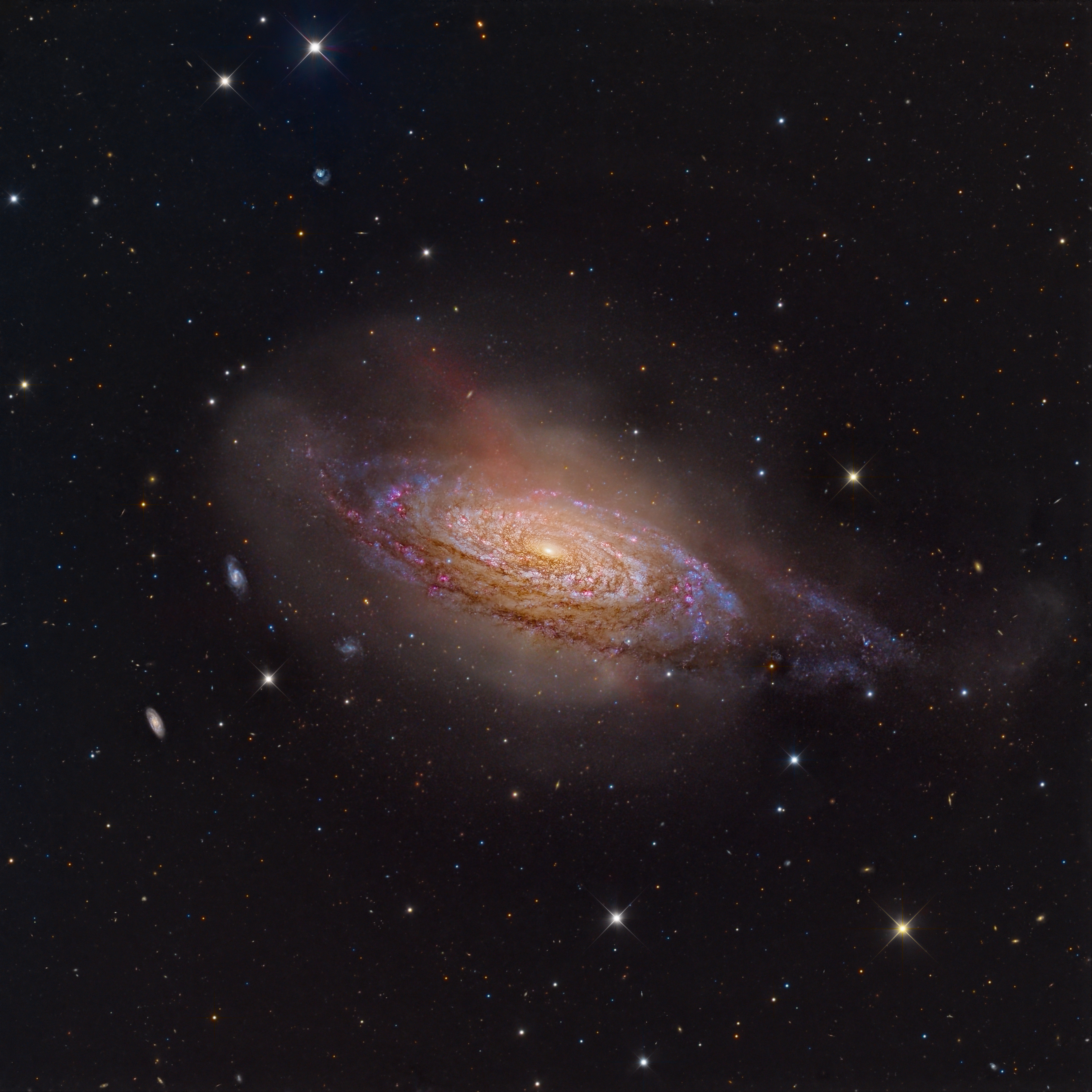 NGC 3521: Marquise in the Sky - NGC 3521, a flocculent intermediate spiral galaxy, is surrounded by dust and has numerous star-forming areas and a luminous centre. Rarely seen hydrogen alpha jets have been captured.