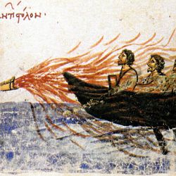 Image from an illuminated manuscript, the Madrid Skylitzes, showing Greek fire in use against the fleet of Thomas the Slav