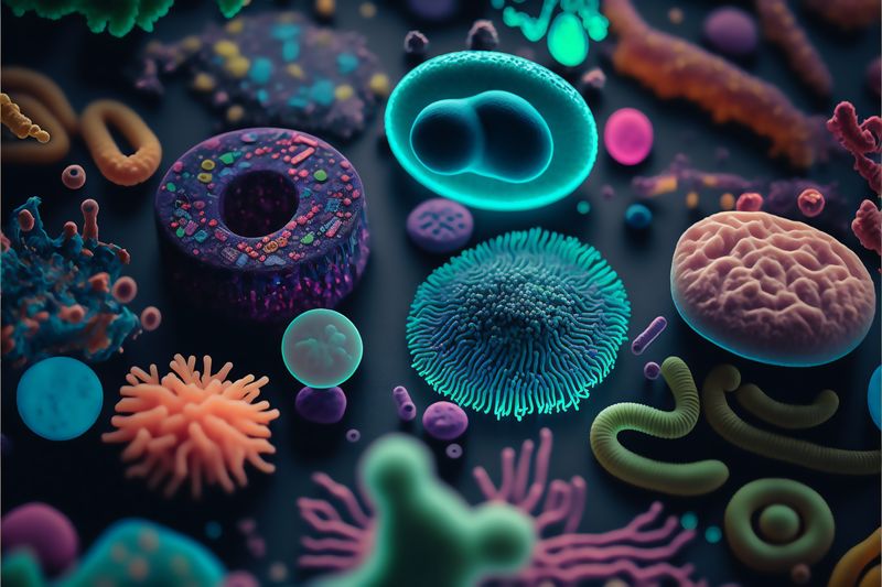 3D artwork of Colorful Gut bacteria, good and bad bacteria microbiome healthy gut bacteria, bacteria in digestive system