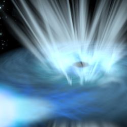 Artist's impression depicting a compact object – either a black hole or a neutron star – feeding on gas from a companion star in a binary system.  Since gas cannot fall in from all directions in a rotating system, it forms a swirling disc around the compact object. 