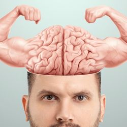 Illustration of a brain with human, muscled, flexing arms emerging out of the top of a man's head
