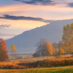 Rural fields in autumnal countryside. Colorful landscape on a hazy morning.