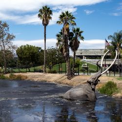 A photo of La Brea Tar Pits, California, showing a replica prehistoric elephant being sucked into the tar.
