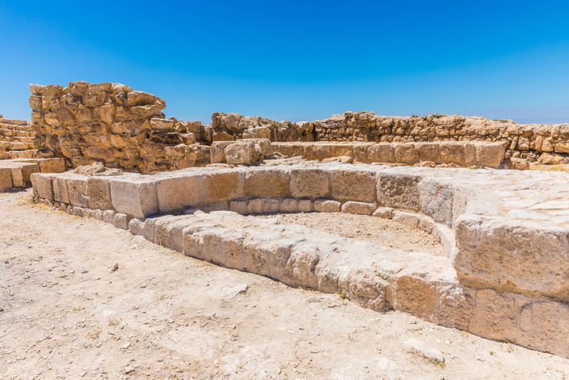 The ruins of the hilltop fortress of Machaerus near the Dead Sea in Jordan. 