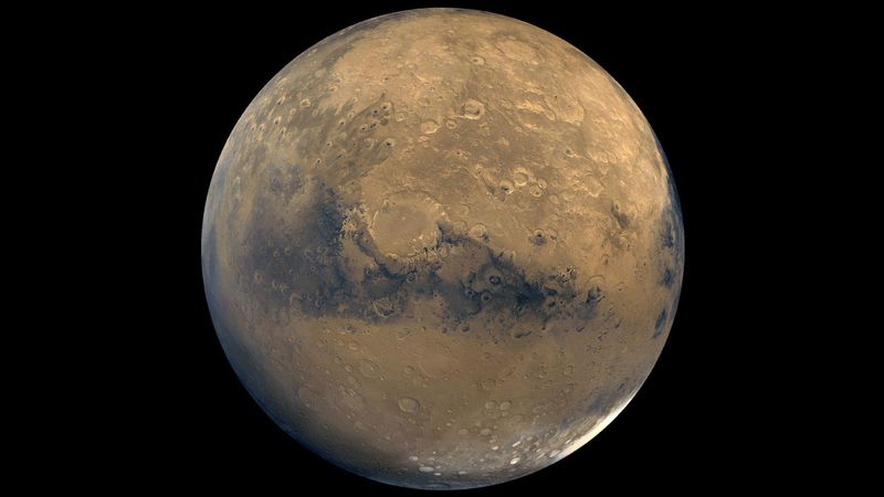 Global View of Mars From Viking Orbiter: This global view of Mars is composed of about 100 Viking Orbiter images. 