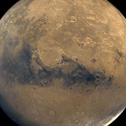 Global View of Mars From Viking Orbiter: This global view of Mars is composed of about 100 Viking Orbiter images. 