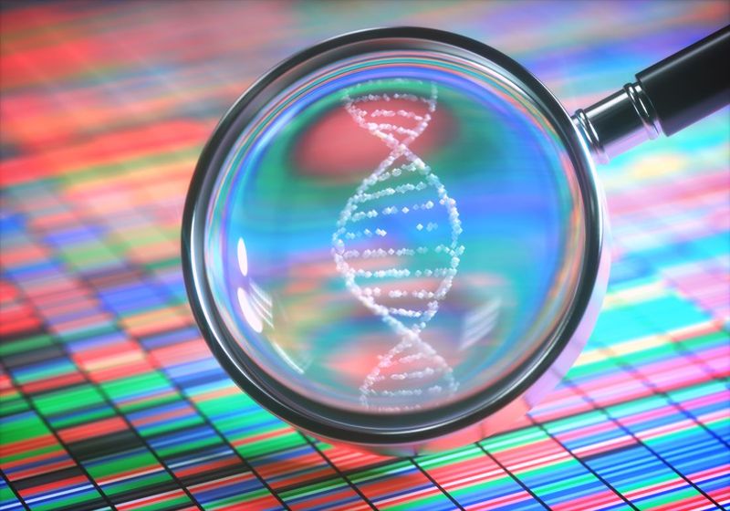 magnifying glass zooms in on DNA molecule on background of multicolored stripes to represent sequencing data