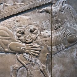 Ancient Babylonia and Assyria bas relief from king Ashurnasirpal Nimrud Palace of a big cat eating an antelope. 