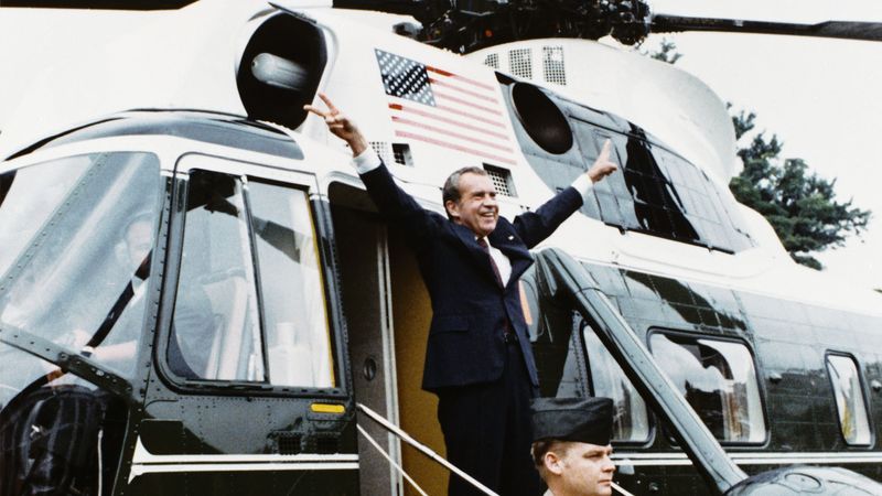 President Richard Nixon Departing the White House on the Presidential Helicopter for the Last Time as President, August 9, 1974