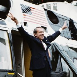 President Richard Nixon Departing the White House on the Presidential Helicopter for the Last Time as President, August 9, 1974