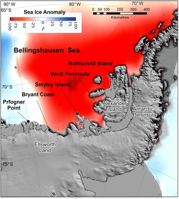 The location of the five emperor penguin breeding grounds in the central and eastern Bellingshausen Sea. The red represents the ice concentration anomaly for November 2022.