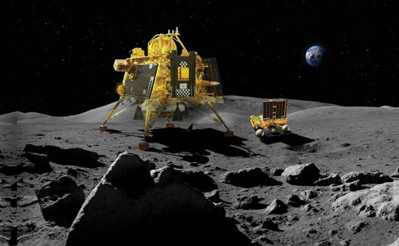 Artist's impression of the Vikram lander and Pragyan rover on the surface of the Moon. 