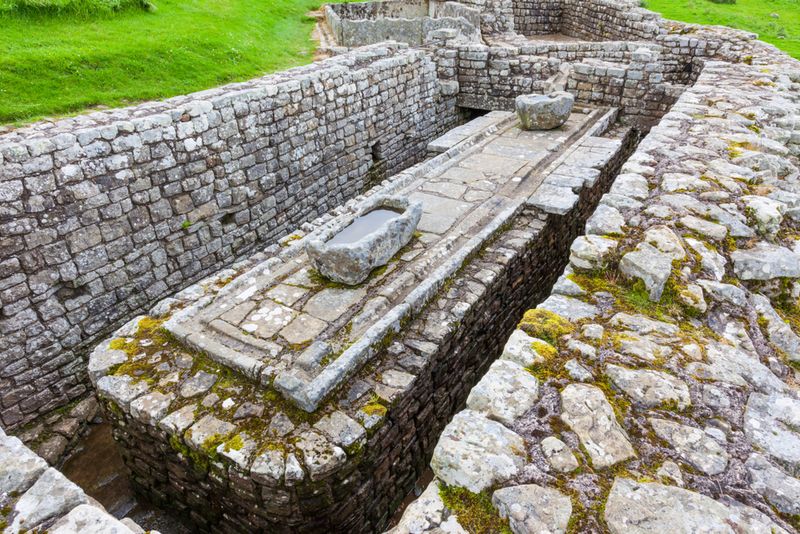 Remains of the latrines at Housesteads Roman Fort, part of Hadrian's Wall.