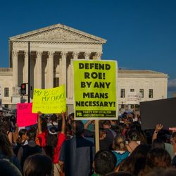 protestors hold signs outside the US Supreme Court in Washington D.C. on June 24th 2022