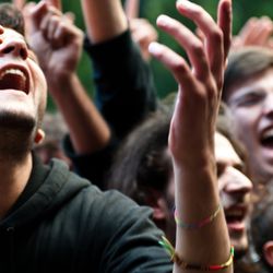 unidentified group of people cheer during the Mi Ami music festival in Milan 