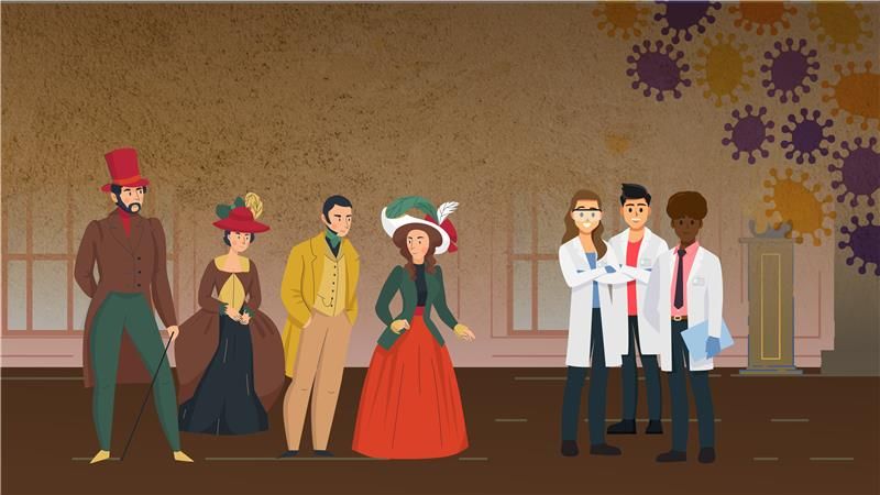 A group of 18th century people stand opposite three modern scientists in white lab coats. There are large smallpox viruses floating above their heads. 