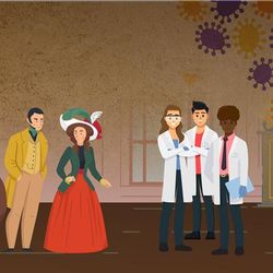A group of 18th century people stand opposite three modern scientists in white lab coats. There are large smallpox viruses floating above their heads. 