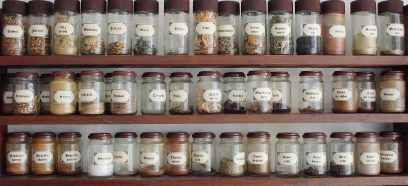 Jars of herbs and spices in a spice rack kitchen.