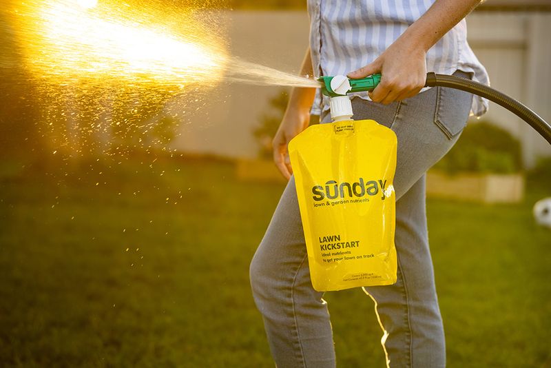 Person outside spraying from a yellow bag labelled 'Sunday'.