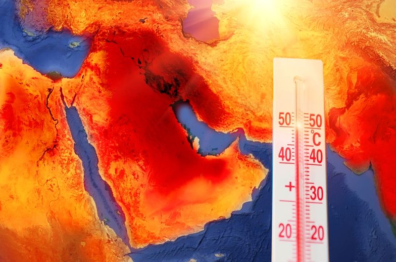 Thermometer with a record high temperature of fifty degrees Celsius, against the backdrop of the Arabian Peninsula