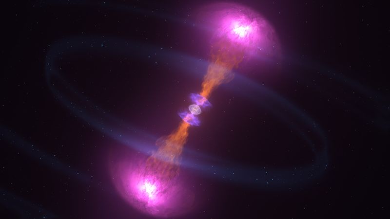 n this artist's concept, pale concentric arcs illustrate gravitational waves produced as orbiting neutron stars merged. The event also formed near-light-speed particle jets that emitted gamma rays. In 2017, both signals were detected from the same source for the first time. 