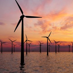 wind turbines above water at sunset