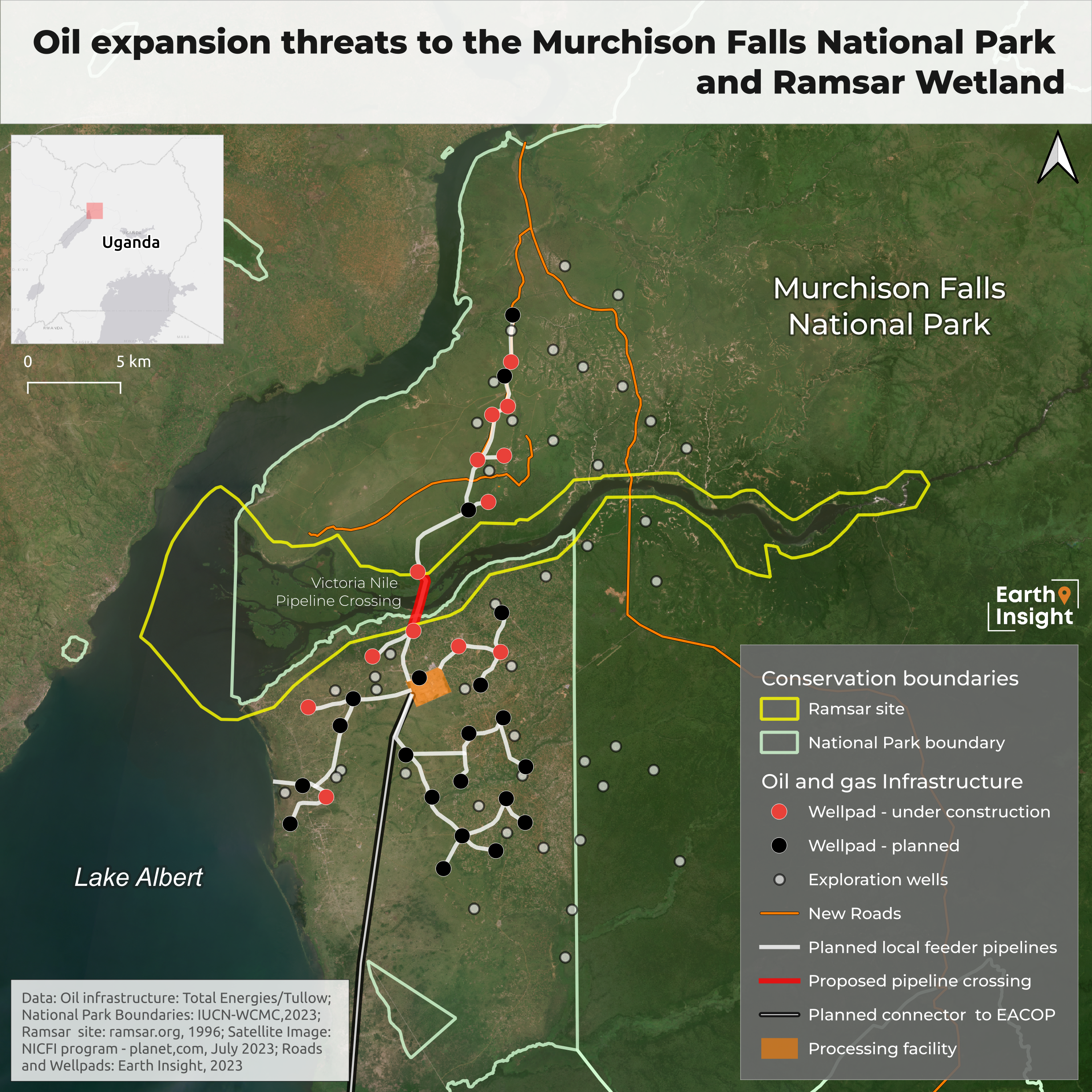 Map showing where fossil extraction and exploration is planned Around the Murchison Falls National Park and Ramsar Wetland.