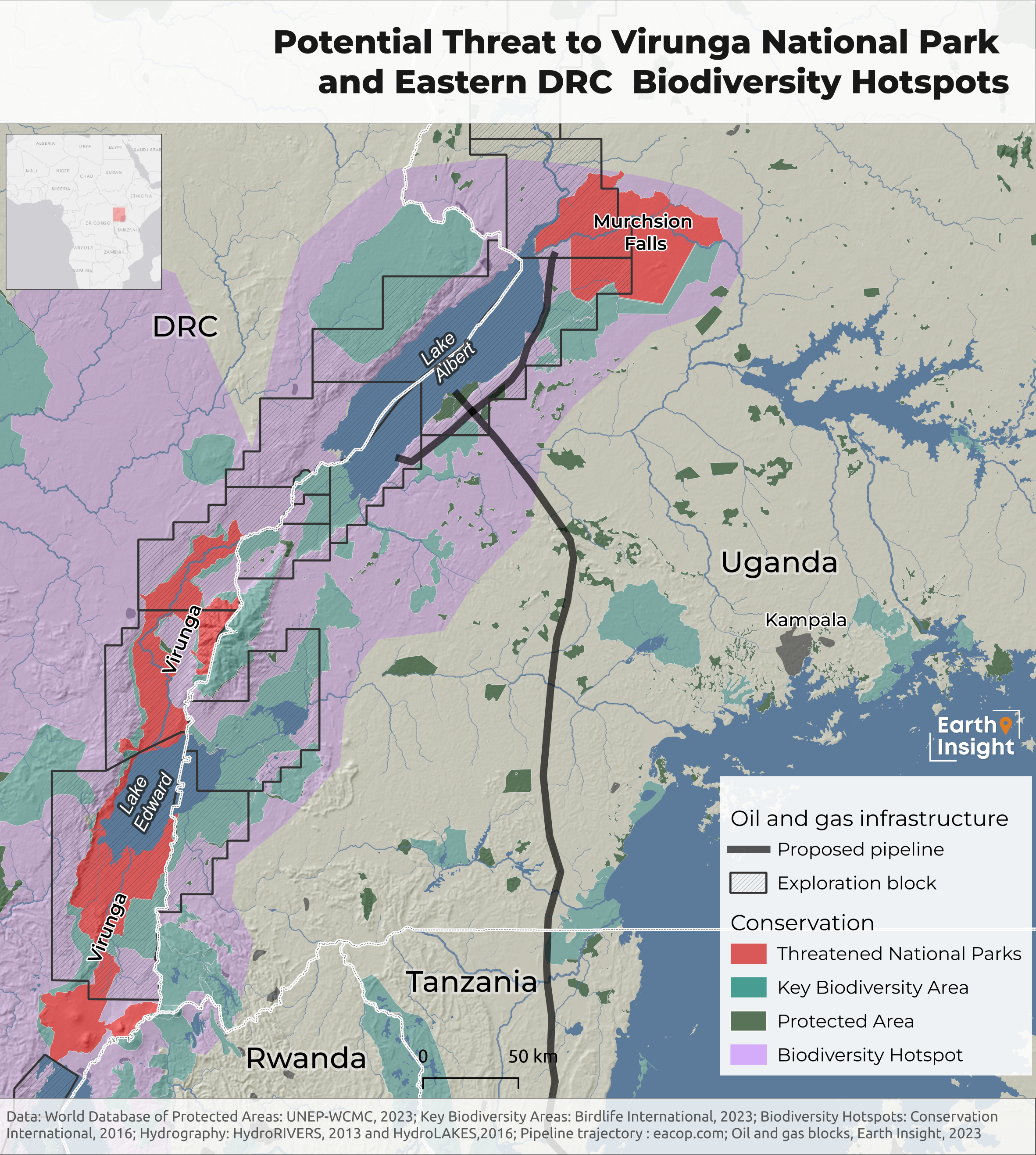 A map shows potential threats to the Virunga National Park and Eastern DRC.